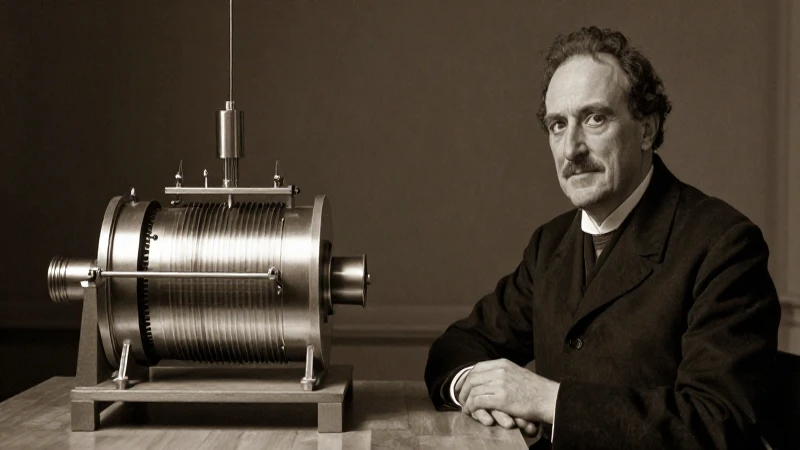 Retrato sepia de Tesla con prototipo antiguo