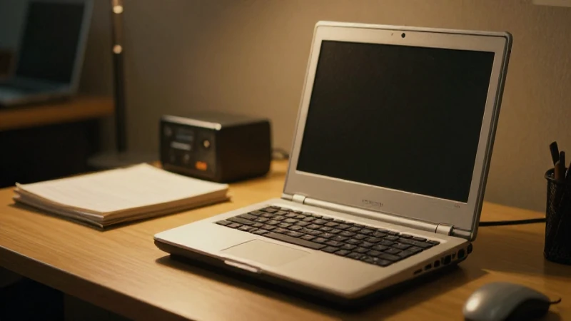 Laptop vintage en escritorio, luz cálida