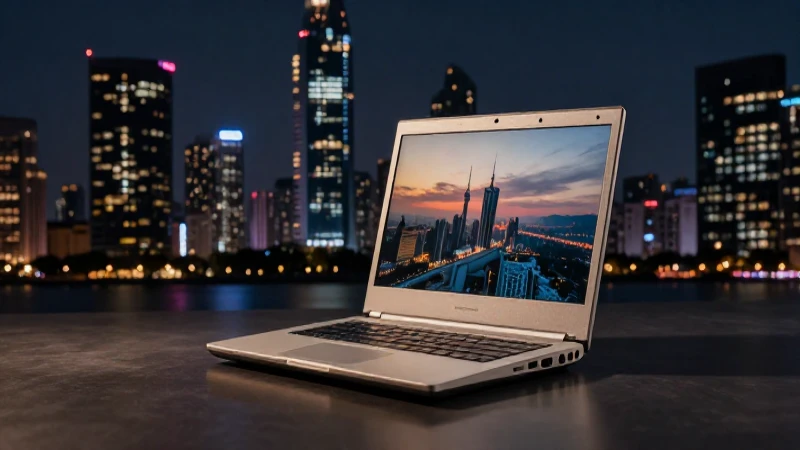 Laptop antigua en paisaje urbano cinematográfico