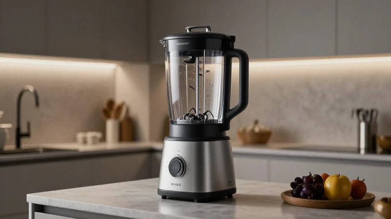 Licuadora moderna, cocina futurista, luz cinematográfica suave