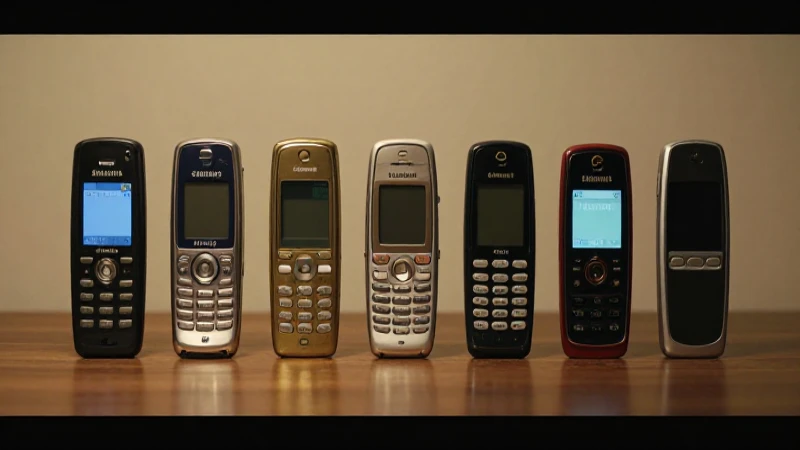 Teléfonos Samsung vintage expuestos cinematográficamente