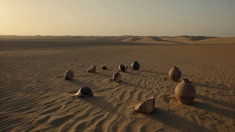 Fragmentos de cerámica bajo luz dorada del desierto