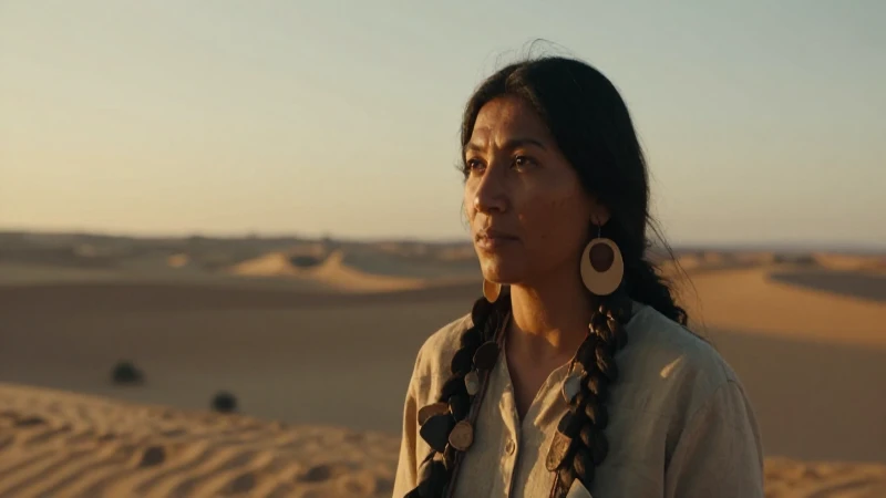 Mujer indígena ante ruinas doradas al atardecer