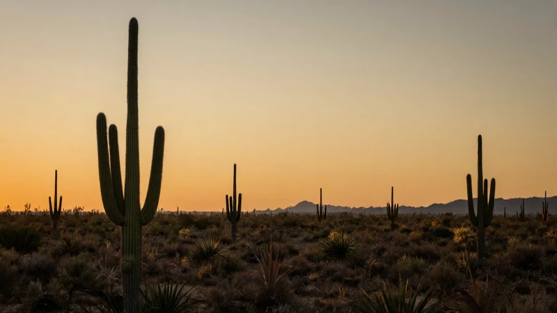 Paisaje árido, siluetas de cactus, luz dorada
