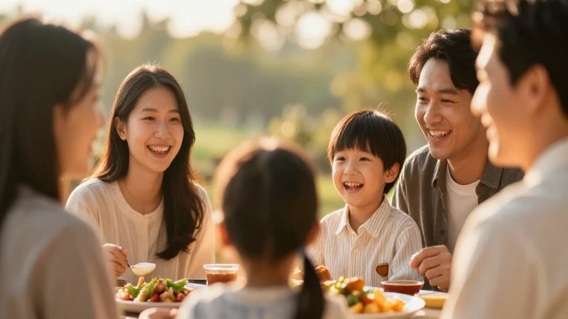 Familia reunida al atardecer, felizmente iluminada