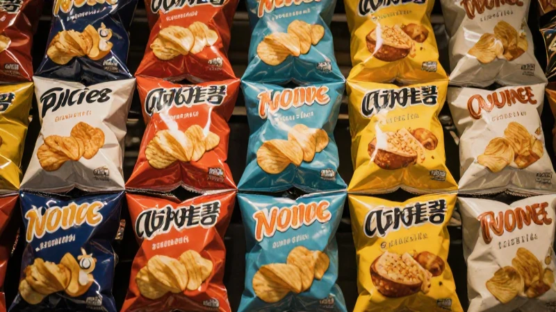 Embalajes retro de snacks apilados, cálidos y nítidos