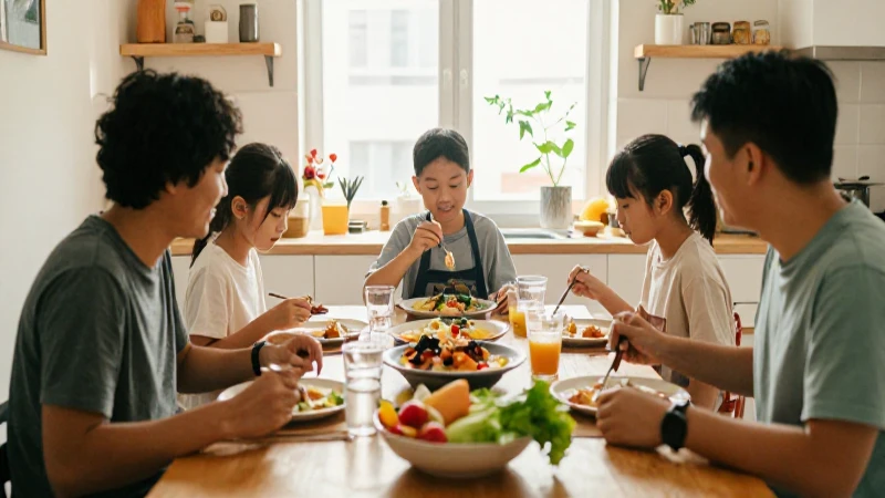 Familia comparte comida en ambiente cálido