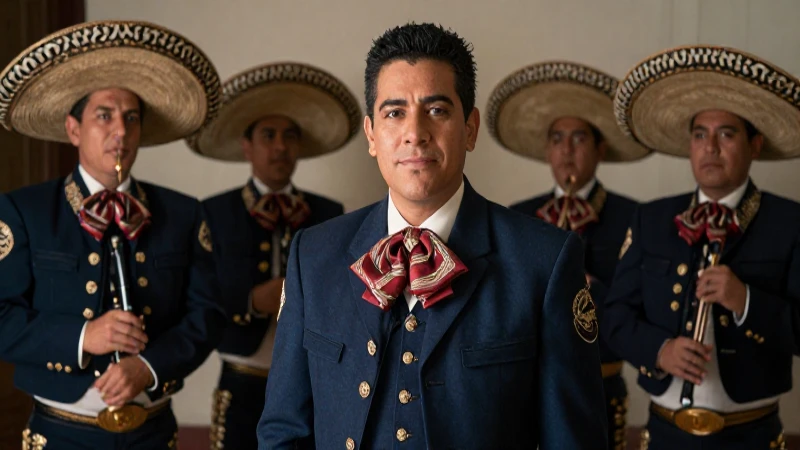 Retrato dramático de Ariel Camacho con mariachis