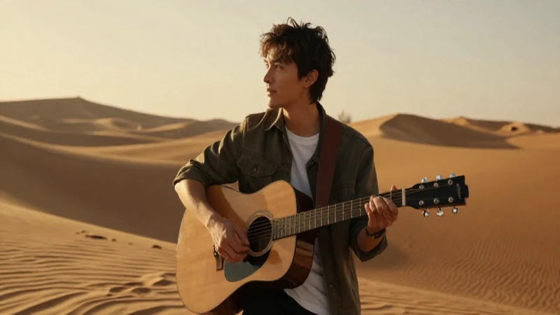 Joven con guitarra, desierto, luz cálida