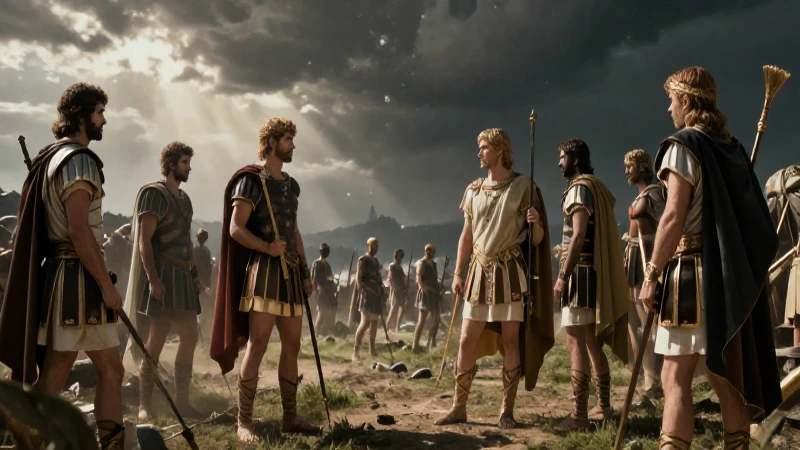 Héroes griegos en batalla épica cinematográfica