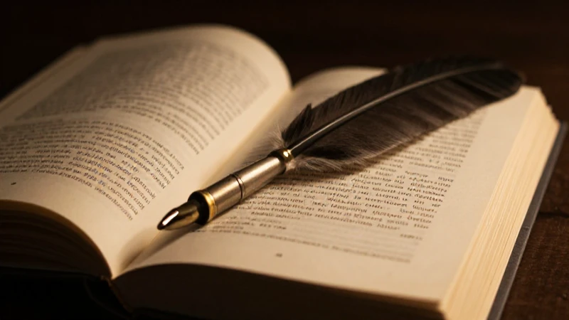 Libro abierto con pluma, iluminación dramática