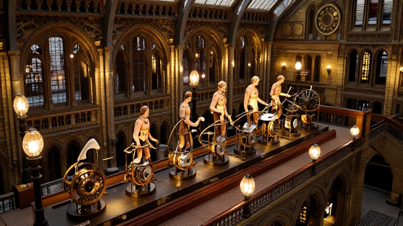 Evolución humana en museo victoriano, detallado e iluminado
