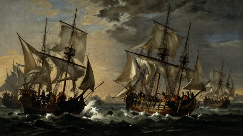 Batalla naval barroca con fuerte contraste lumínico