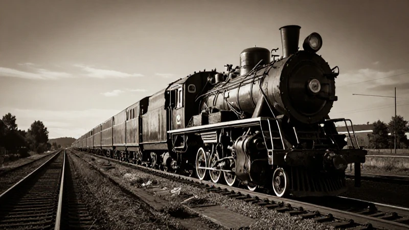 Locomotora a vapor ante rieles sepia dramáticos