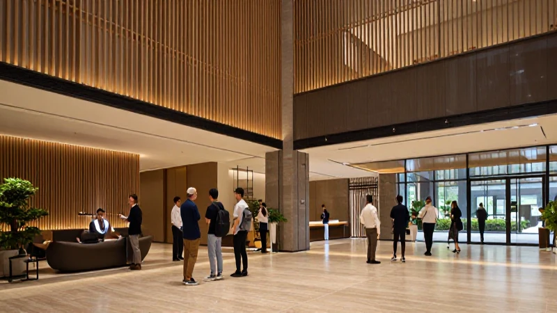 Lujoso vestíbulo con gente bajo luz cálida