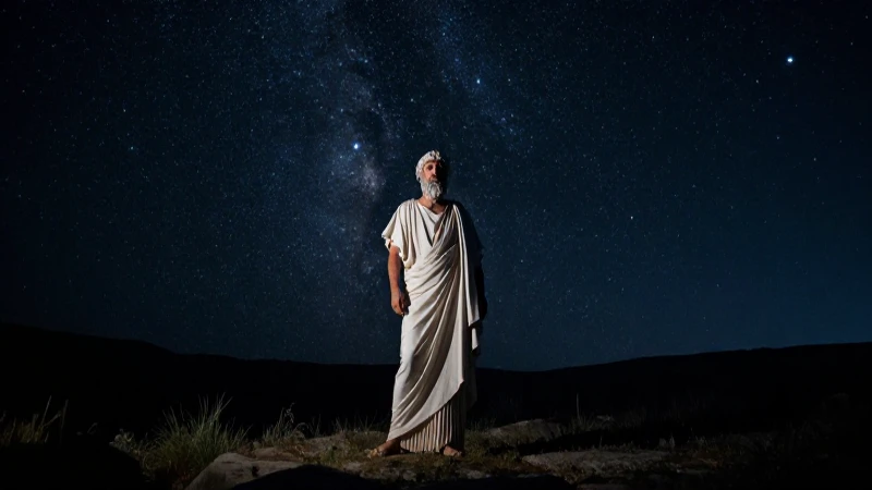 Filósofo griego bajo cielo estrellado dramático