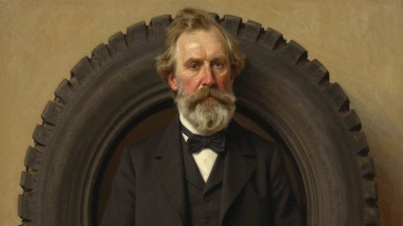 Quiénes inventaron la llanta y cuál es su historia 3 Retrato de Goodyear, neumático antiguo e iluminación cálida