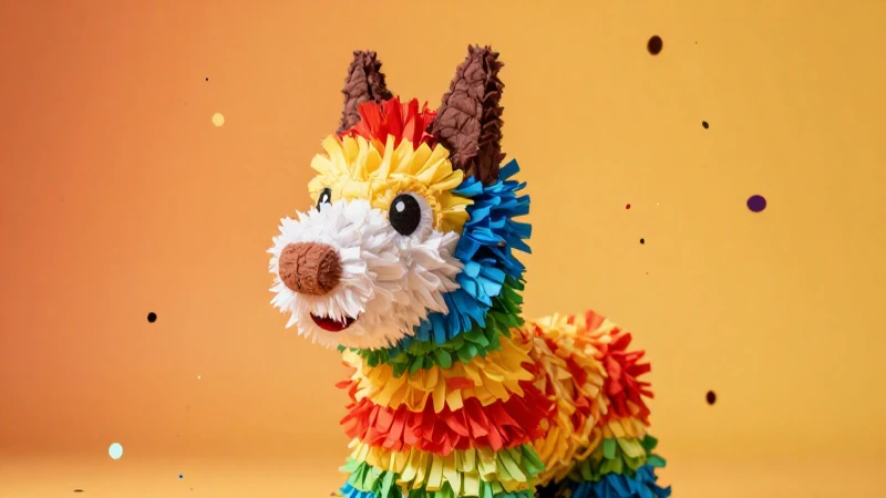 Piñata explotando, luces cálidas y coloridas