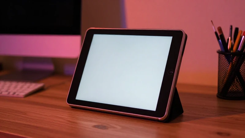 Tablet retro en escritorio, luz neón cálida
