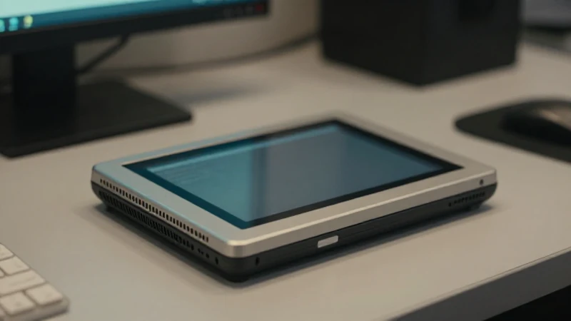 Tablet retrofuturista sobre escritorio iluminado suavemente