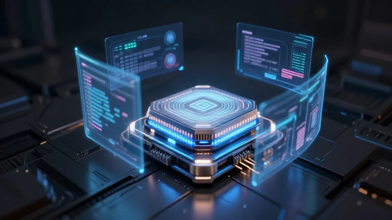 Núcleo informático futurista, hologramas flotantes e intensa atmósfera