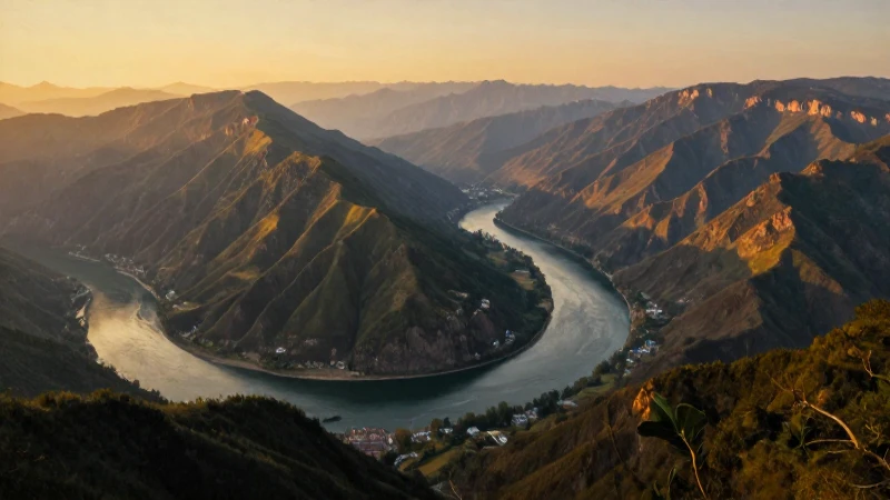 Pintura realista de montañas y río dorado