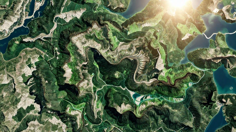 Vista satelital fotorealista con relieve destacado
