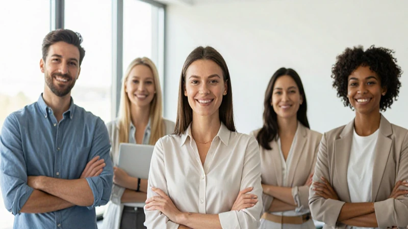 Empleados sonrientes en oficina iluminada
