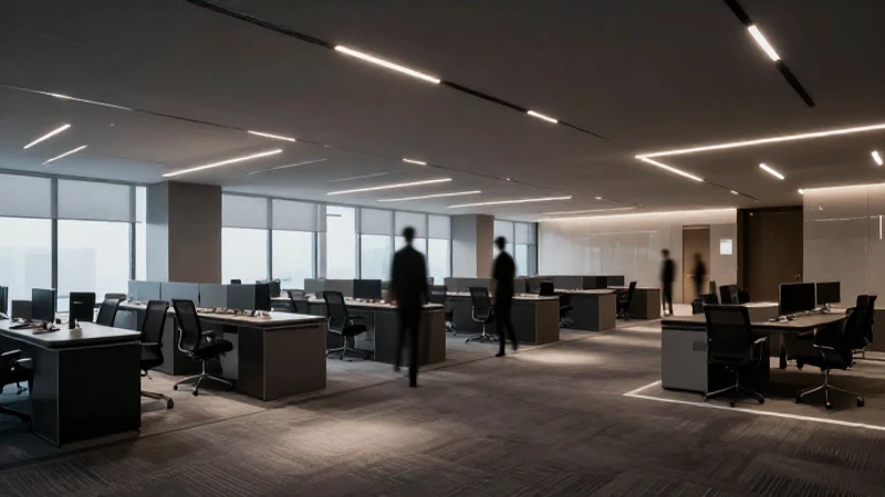 Oficina moderna con iluminación dramática y amplia vista