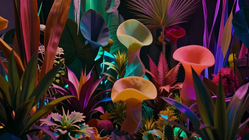 Células coloridas, plantas diversas e iluminación vibrante