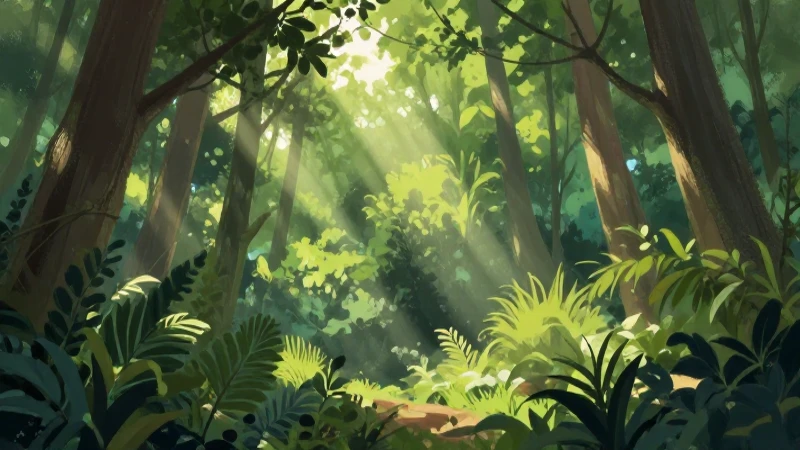Bosque exuberante, luz filtrada, ecosistema vibrante
