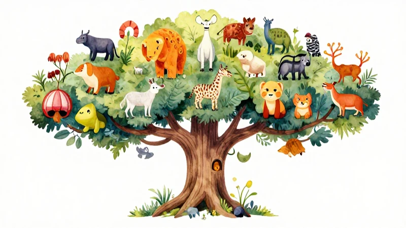 Ilustración vibrante del reino animal en acuarela