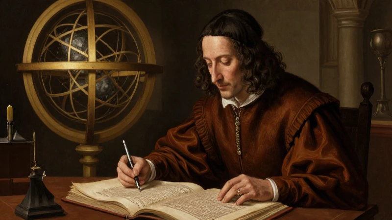 Erudito estudia manuscrito antiguo con claroscuro