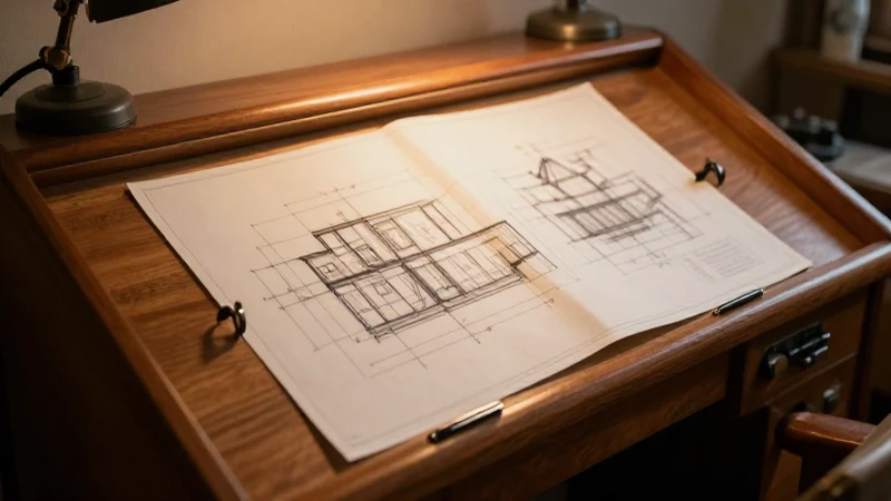 Dibujo arquitectónico vintage con luz cálida