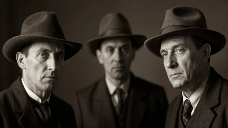 Fotografía antigua con tres hombres sombríos