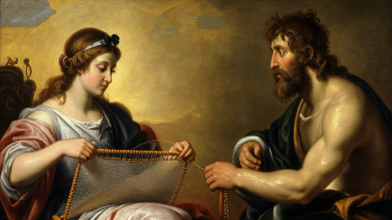 Penélope teje, Odiseo observa, luz dorada