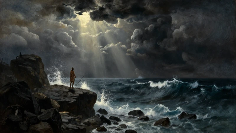 Odisseo, costa rocosa y mar tempestuoso