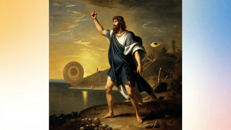 Ulises a la orilla, cíclope al fondo