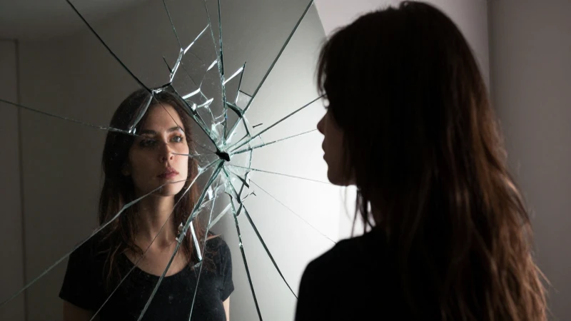 Silueta femenina reflejada, espejo roto, oscuridad dramática