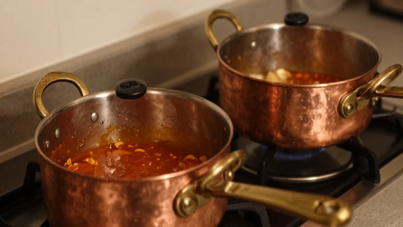 Olla de cobre con salsa a fuego lento