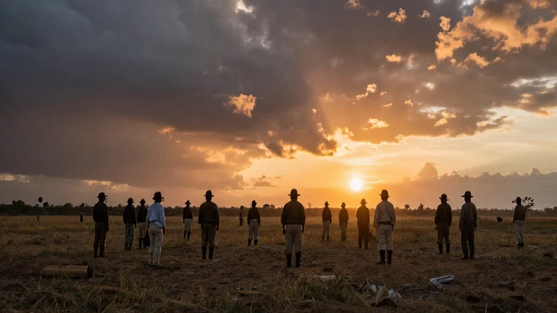 Soldados, campesinos bajo atardecer cinematográfico