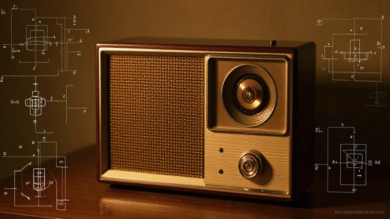 Radio antigua, diagramas y ambiente cinematográfico cálido