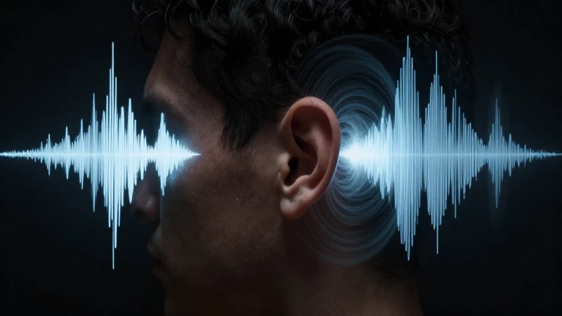 Oído mostrando ondas sonoras dramáticas e iluminadas