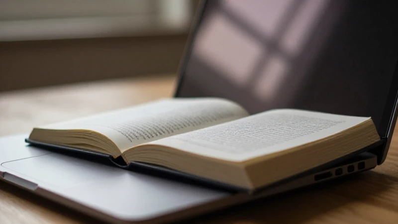 Libro abierto, portátil y luz cálida suave