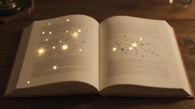 Libro abierto con constelaciones luminosas y cálida luz