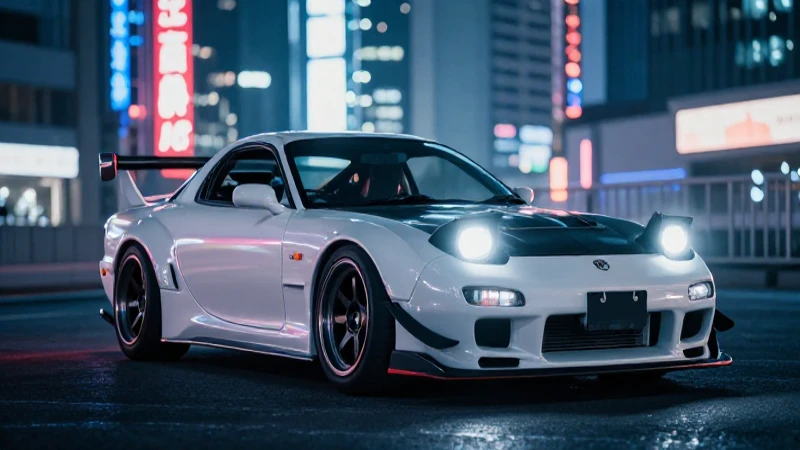 Cuál es la línea del tiempo de Takashi en Rápidos y Furiosos 8 RX-7 modificado bajo luces urbanas neón
