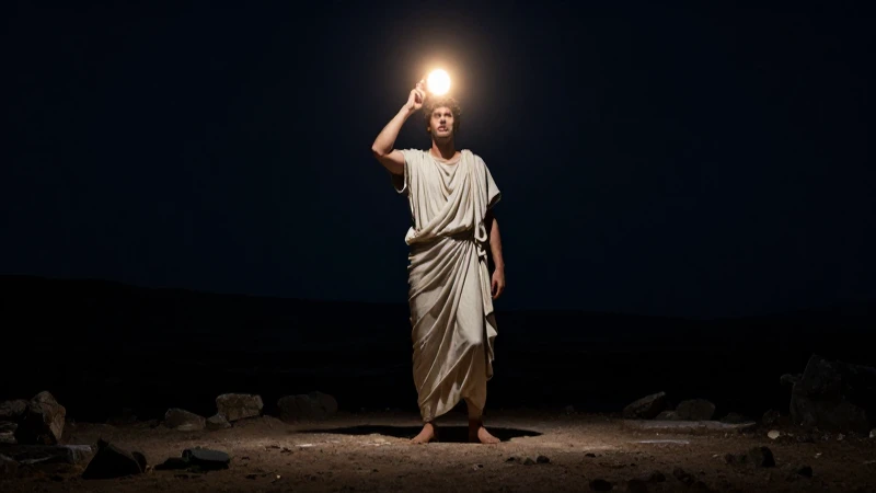 Línea del tiempo de Tales de Mileto: Nacimiento y muerte 5 Filósofo griego, eclipse y luz dramática panorámica
