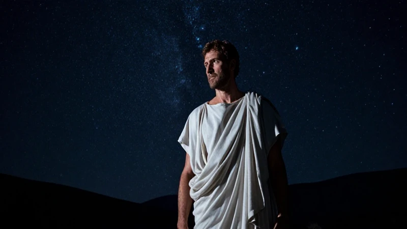 Línea del tiempo de Tales de Mileto: Nacimiento y muerte 6 Filósofo griego bajo cielo estrellado dramático