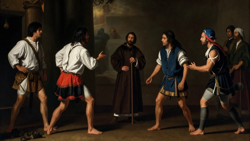 Pintura barroca teatral con indígenas y un fraile