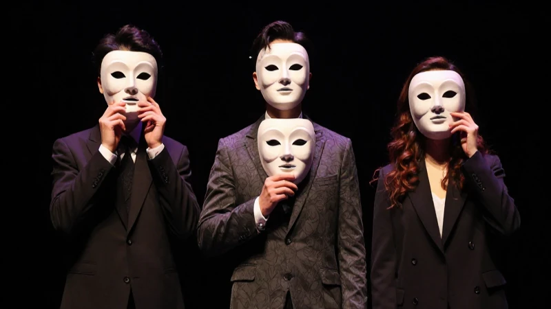 Actores dramáticos con máscaras bajo luz teatral